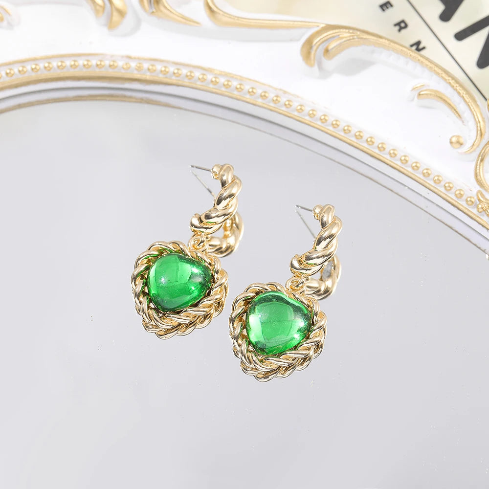 Boucles D'Oreilles Cœur Pierre Émeraude