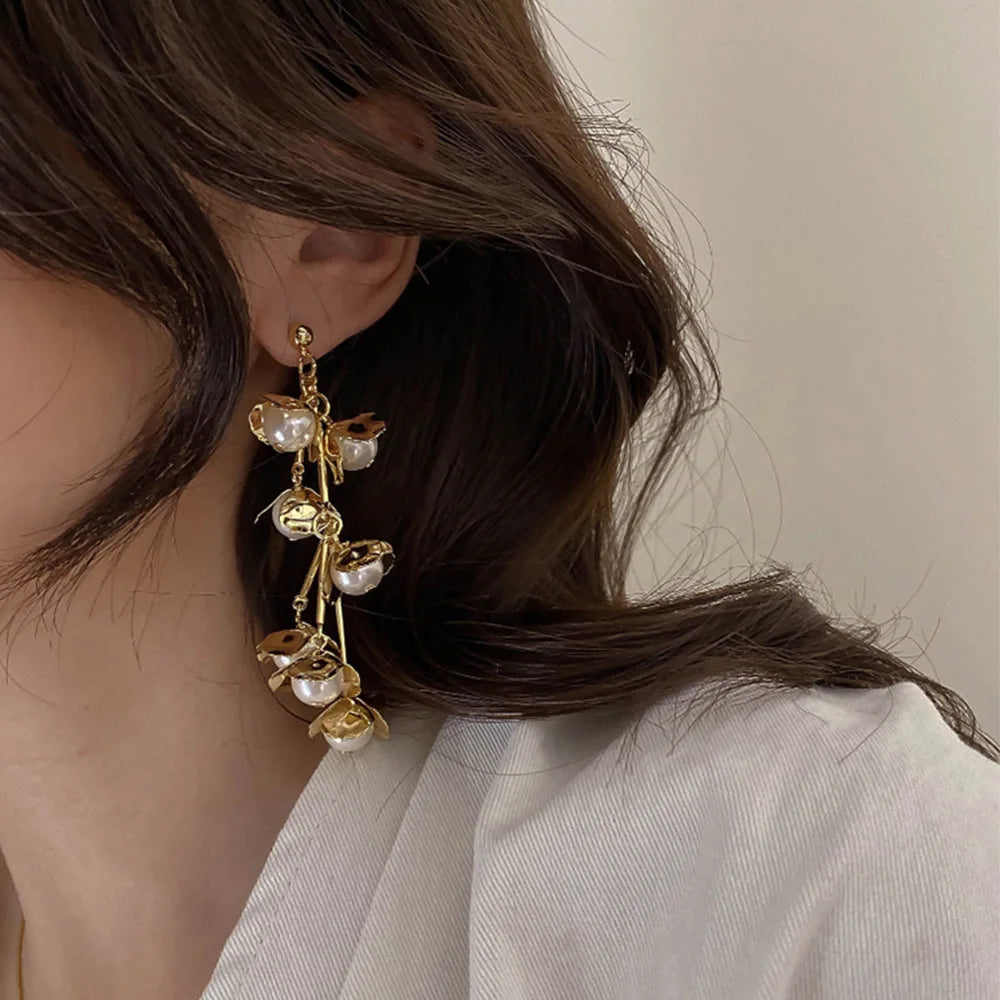 Boucles D'oreilles Fleur Pendantes Avec Perles