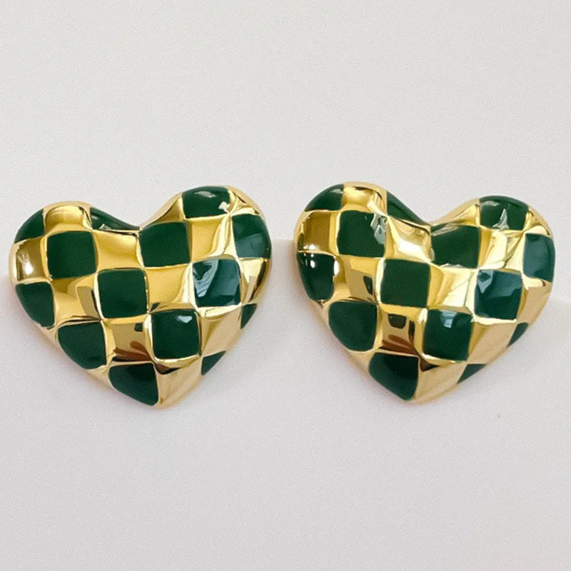 Boucles D'Oreilles Cœur en Damier Pour Femmes