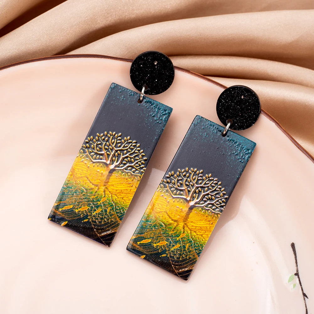 Boucles D'oreilles Arbre de Vie en Acrylique Imprimé