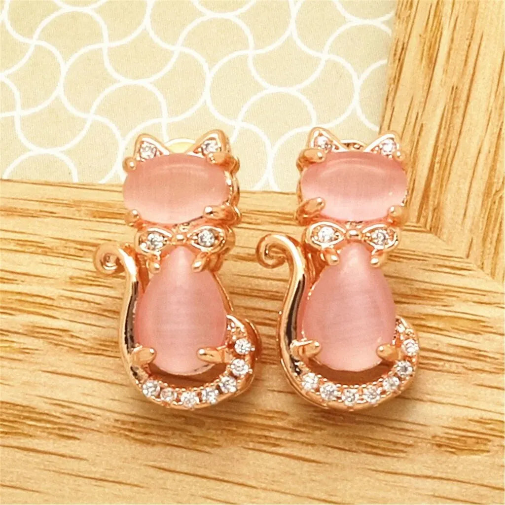 Boucles D'oreilles Chat en Cristal Rose
