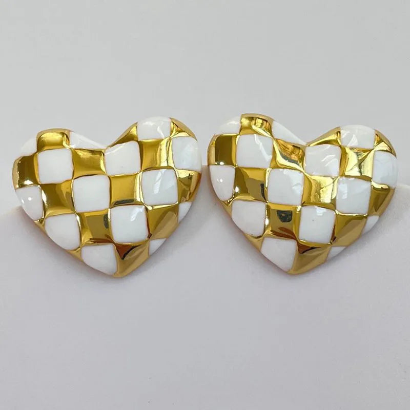 Boucles D'Oreilles Cœur en Damier Pour Femmes