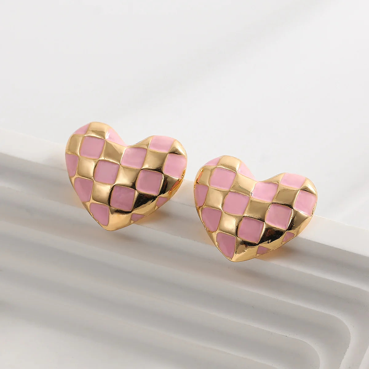 Boucles D'Oreilles Cœur en Damier Pour Femmes