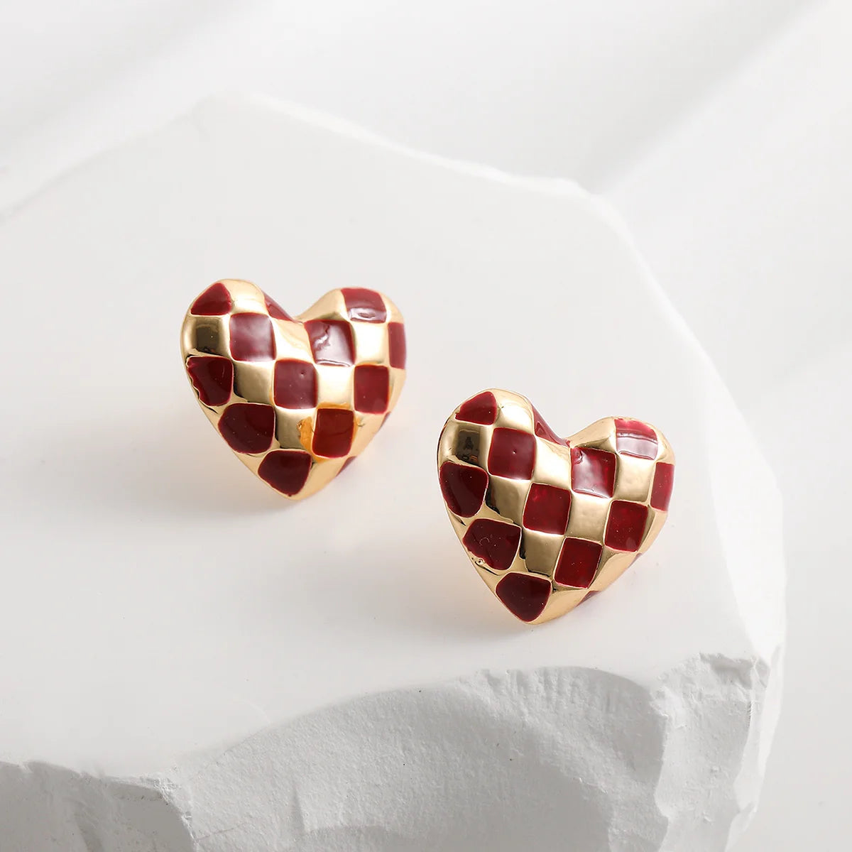 Boucles D'Oreilles Cœur en Damier Pour Femmes