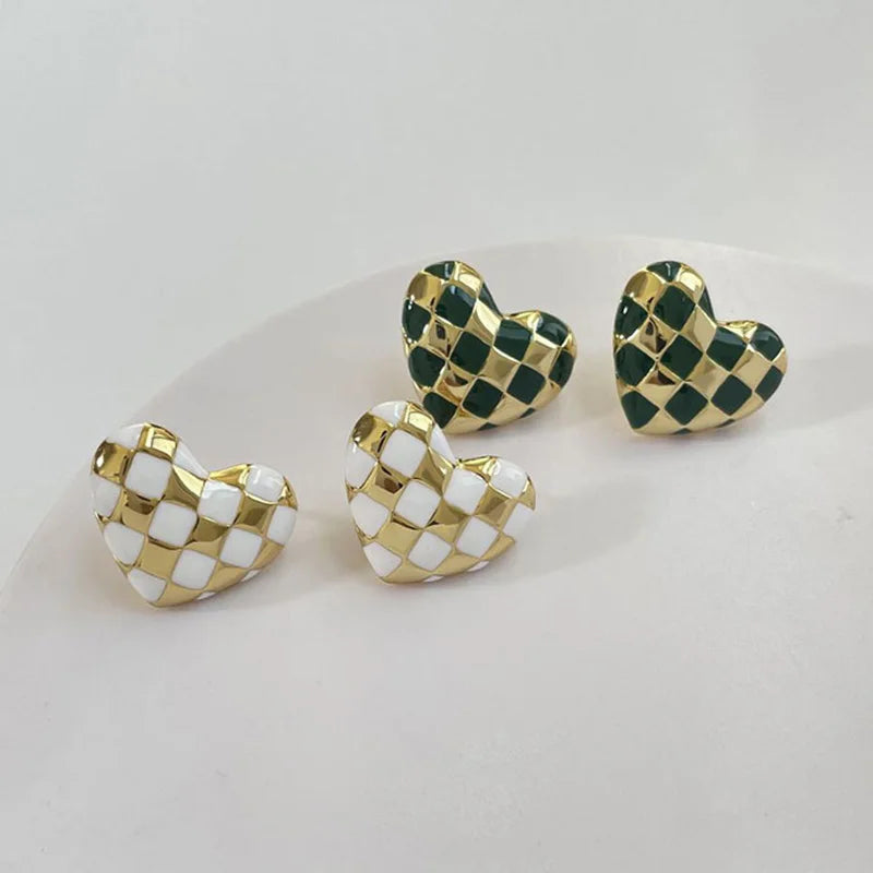 Boucles D'Oreilles Cœur en Damier Pour Femmes