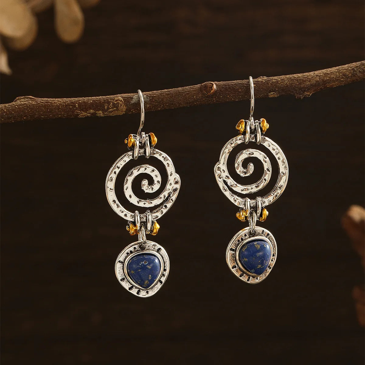 Boucles D'oreilles Lapis Lazuli Pendantes Spirale