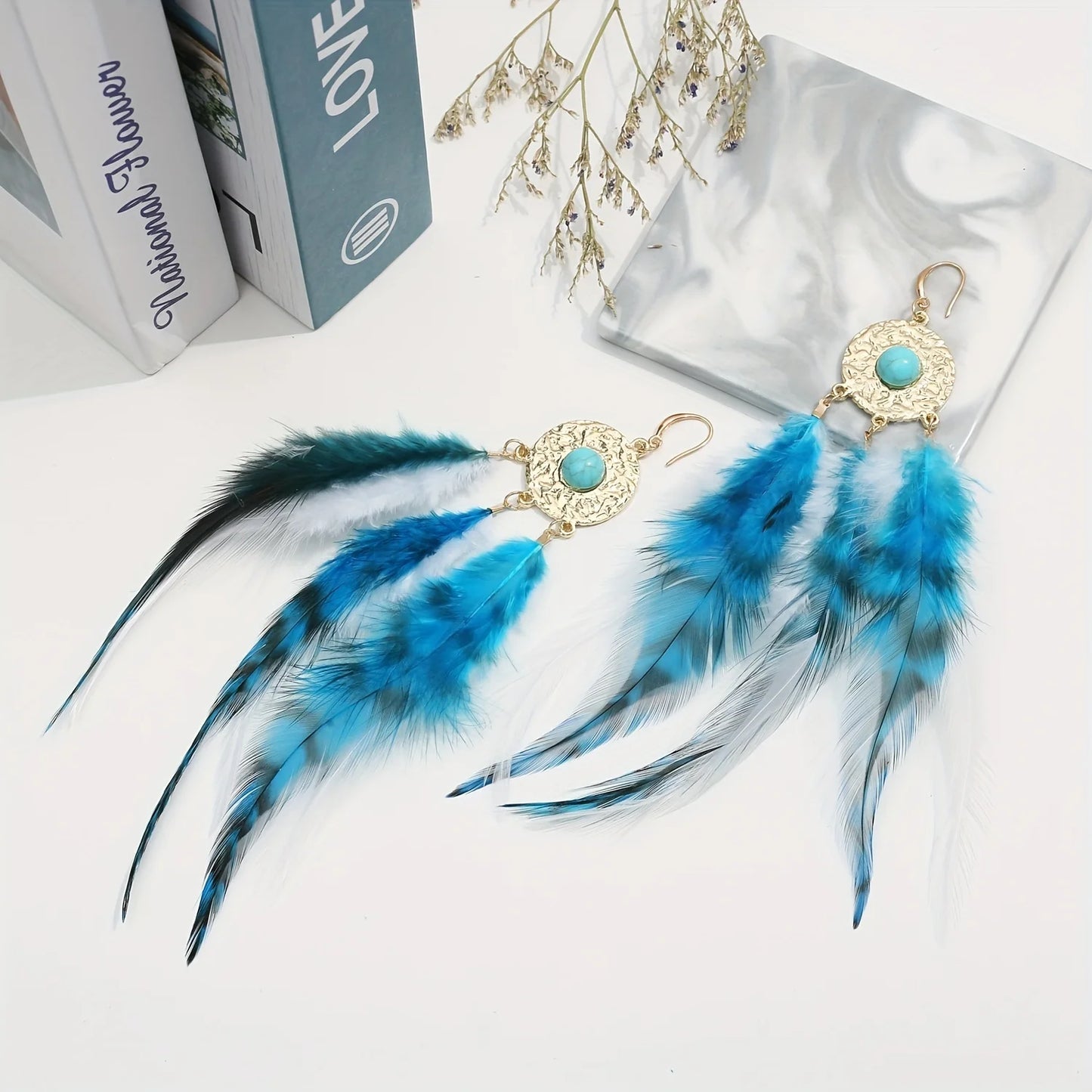 Boucles D'oreilles Plume Avec Pierre Turquoise
