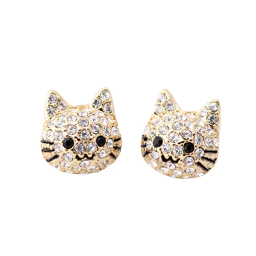 Boucles D'oreilles Tête de Chat en Strass