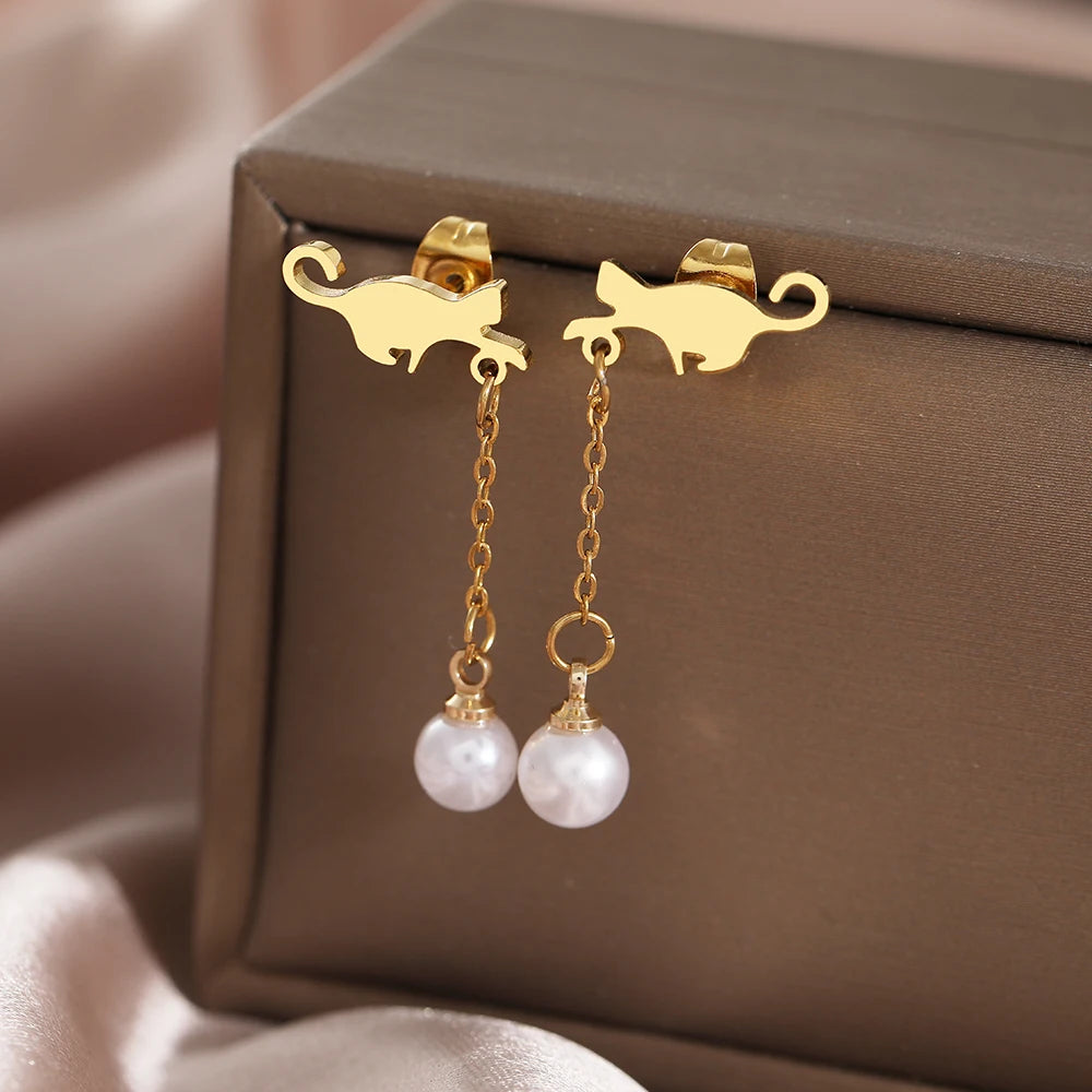 Boucles D'oreilles Chat Pendentif Perle