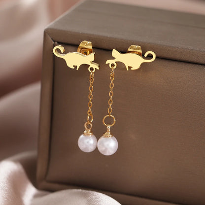 Boucles D'oreilles Chat Pendentif Perle