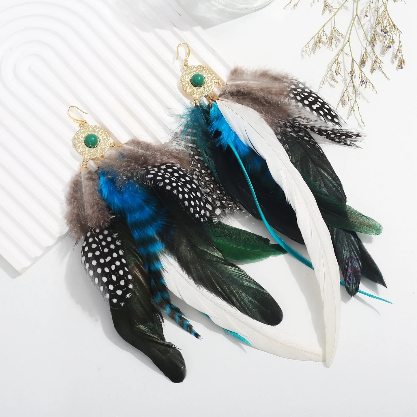 Boucles D'oreilles Plume Avec Pierre