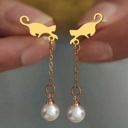 Boucles D'oreilles Chat Pendentif Perle